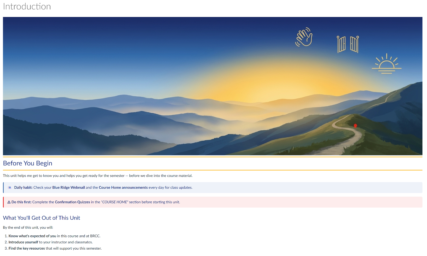 Canvas HTML Library page showing a Blue Ridge course introduction with a branded hero image, alert callouts, and unit outcomes