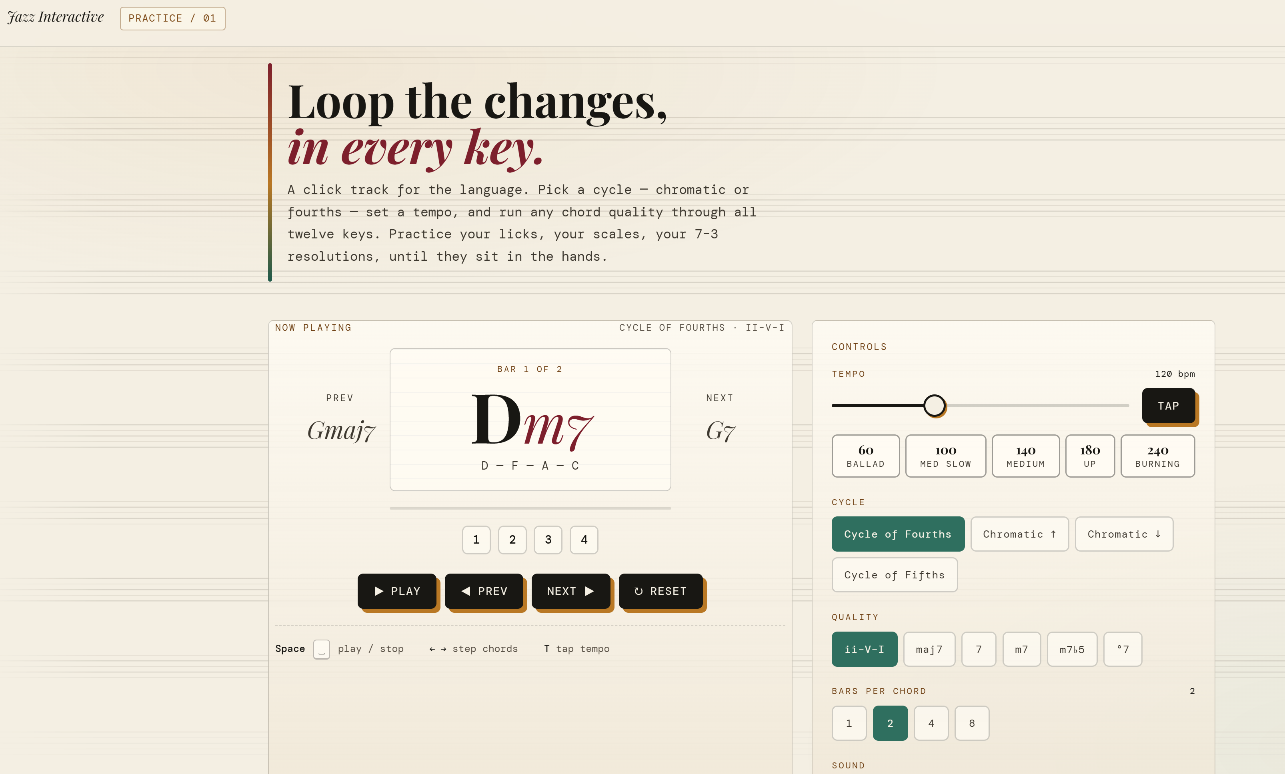 Jazz Interactive practice interface showing chord changes, playback controls, cycle settings, and chord quality options